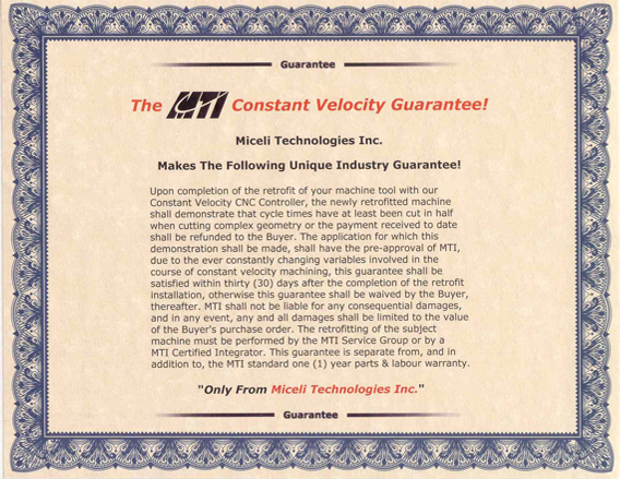 Miceli Technologies Constant Velocity Guarantee for the Miceli CNC Controller, covering speed, accuracy, reliability, and durability.