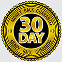 Circular yellow seal with serrated edge featuring "MONEY BACK GUARANTEE", 30 DAY.
