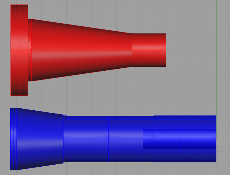 Two 3D models of NMTB 30-R8 flanges: red top model with circular base and tapered body, blue bottom model with similar shape but slightly different profile.