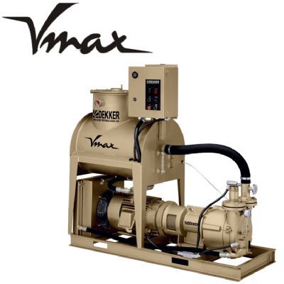 An oil-sealed liquid ring vacuum system with a large cylindrical tank and small cylindrical component, featuring a tan color scheme and pipes and tubes.
