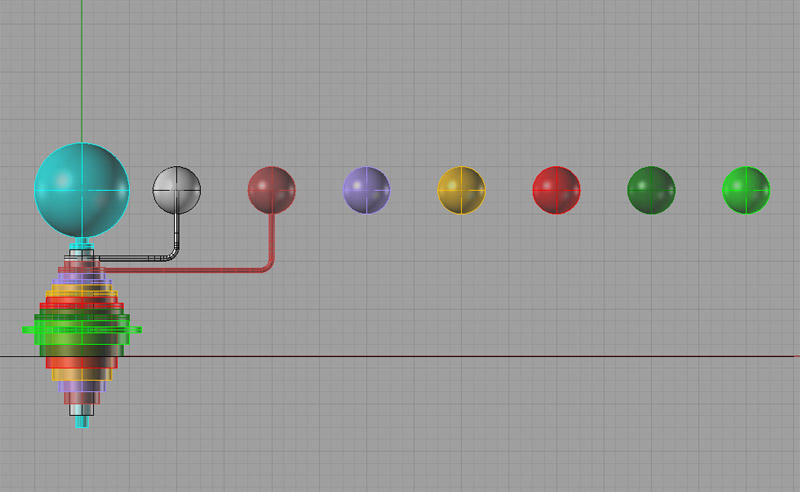 Mechanical solar system model with Earth at center and planetary spheres connected by rods.