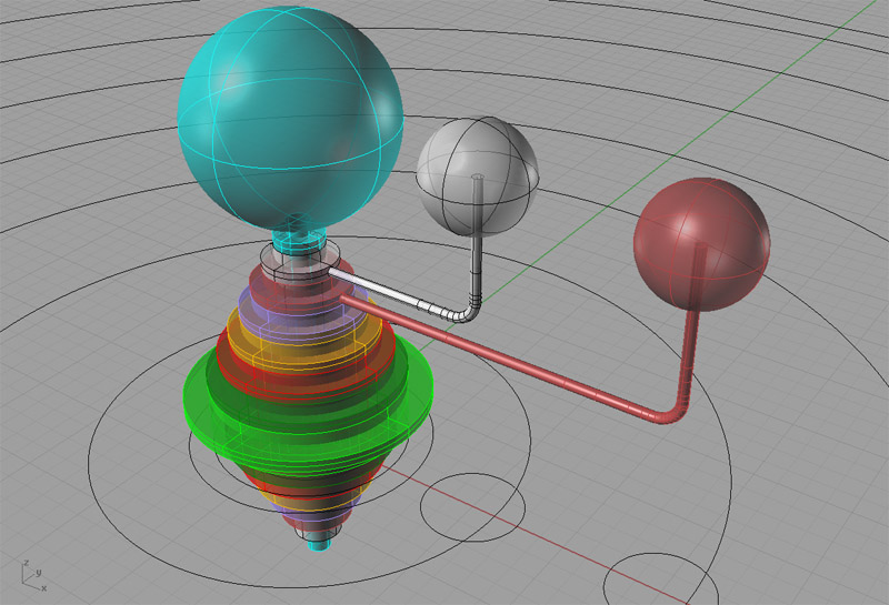 Three-dimensional model of the solar system with Earth as a central blue-green sphere.