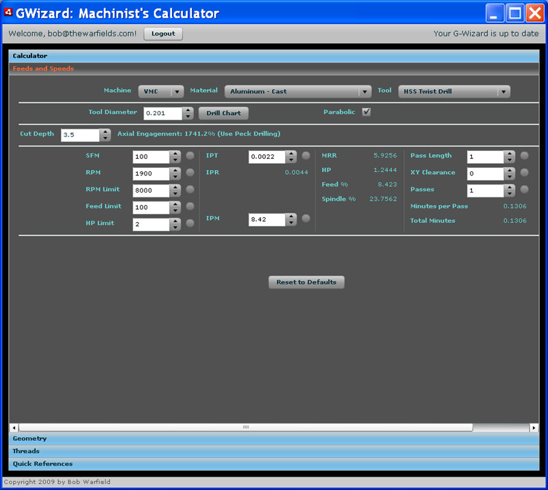 Machinist's calculator with dropdown menus for tool selection and material input on CNCCookbook website.