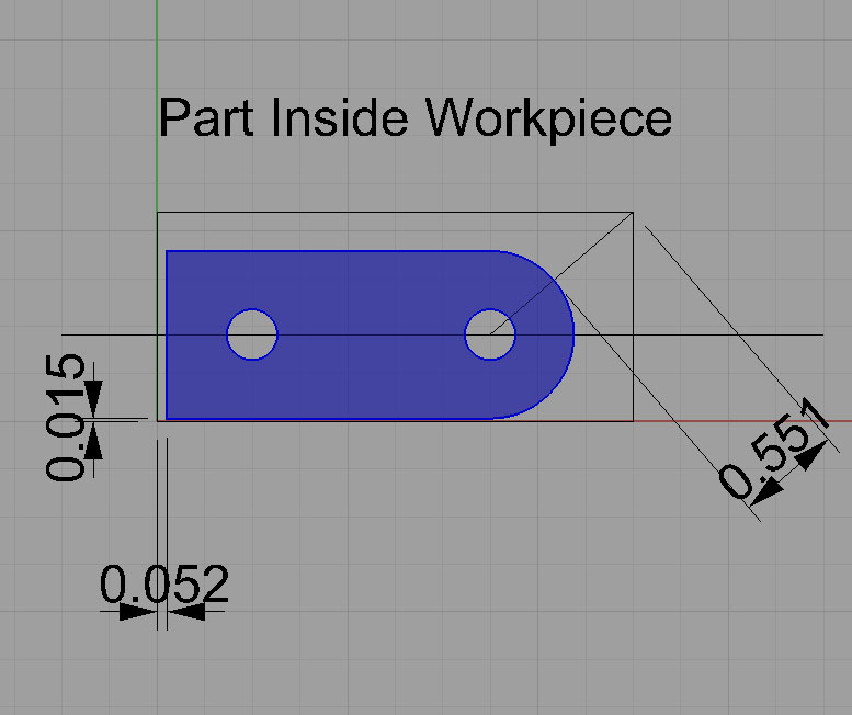 A technical CAD drawing of a mechanical component featuring a blue rectangle with two circular holes and detailed dimensions on a gray background.