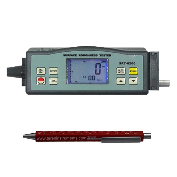 Digital surface roughness tester with built-in display and measuring stylus.