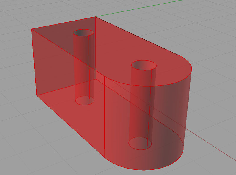 Three-dimensional model with rounded edges and cylindrical protrusions in red on a gray grid.