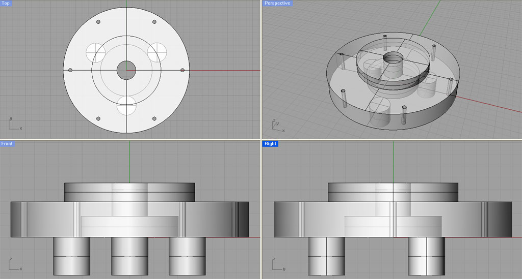 Rhinoceros CAD software-generated 3D model of a backplate with multiple views.