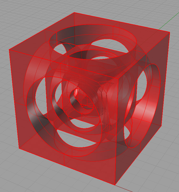 3D model of a cube with curved lines and shapes.