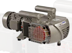 Silver rotary vane vacuum pump with red accents against a white background.