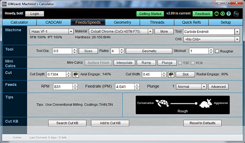 G-Wizard Machinist's Calculator software screenshot, CAD/CAM section with various tabs and input fields.