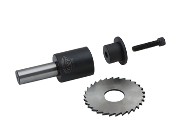 Black cylindrical arbor with threaded end, screw, and serrated metal ring.