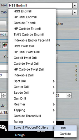 Alphabetical list of cutting tools: Endmills, Drills, and Mills.