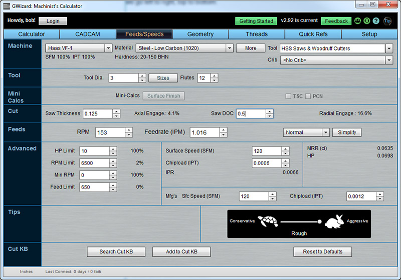 Machining tool settings webpage for slitting saw feeds and speeds optimization.