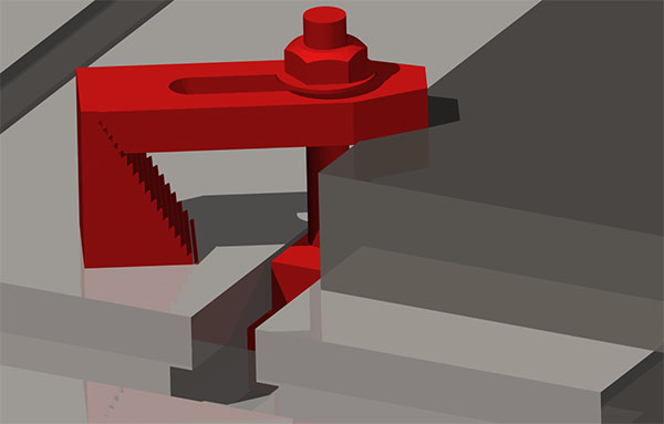 Red step clamp with serrated jaw and screw threads on a gray background.