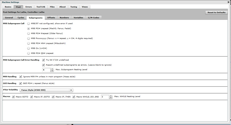 Machine Settings page on CNCCookbook.com with various configuration options.
