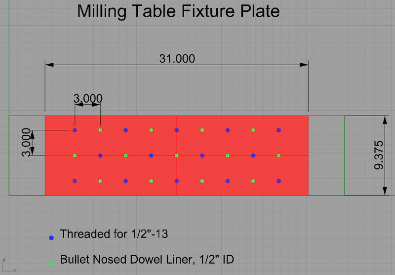 Technical diagram of a milling table fixture plate.