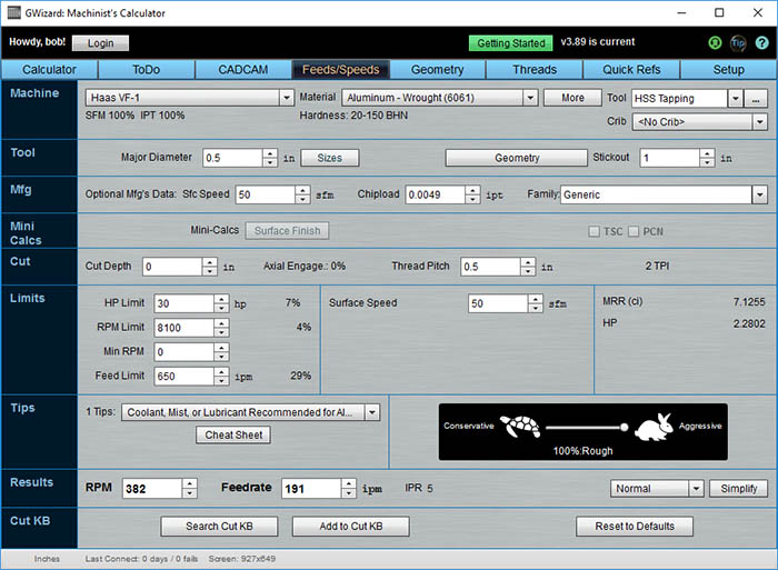 GWizard Machinist's Calculator screenshot with tap speeds and feeds inputs.