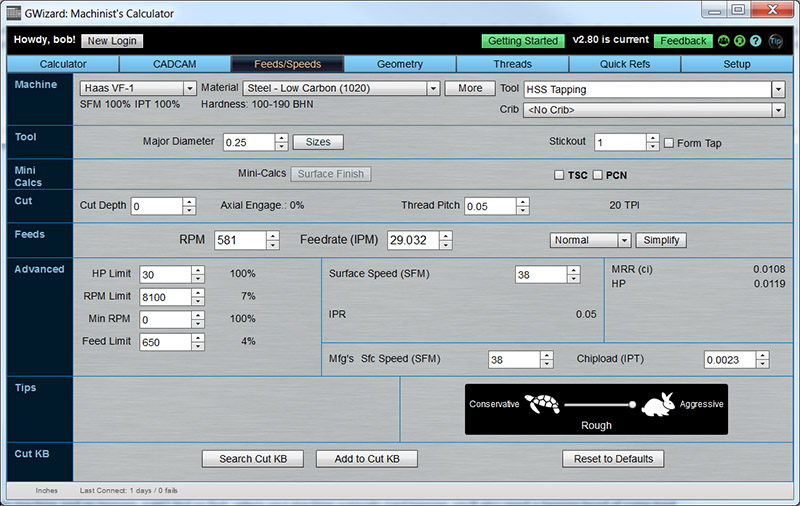 Computer program screenshot for calculating tapping feeds and speeds.
