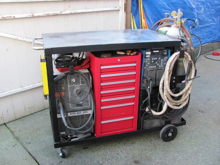 Welding equipment on a gray background in an industrial setting.