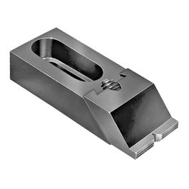 Rectangular metal object with recessed area and small protrusion.