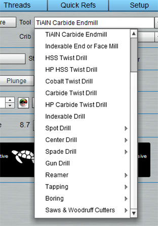 TiAIN Carbide Endmill, Indexable End or Face Mill, and Spot Drill dropdown menu