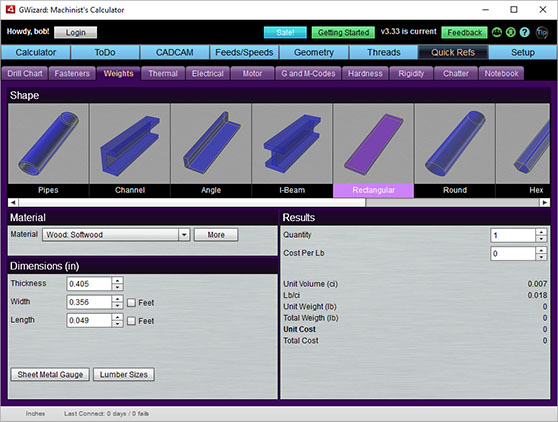 CNC Cookbook Weights Calculator tool on a webpage about machining and metal fabrication resources.