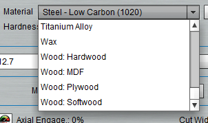 Dropdown menu with steel, titanium, wax, hardwood, MDF, and softwood material options.