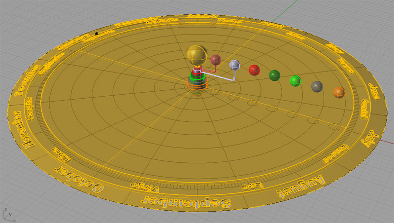 Three-dimensional illustration of the solar system with planetary orbits.