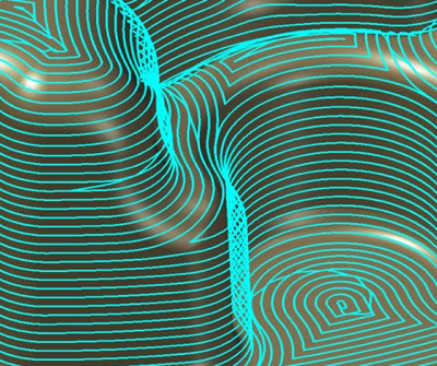 Stylized 3D map with turquoise lines on a green background.