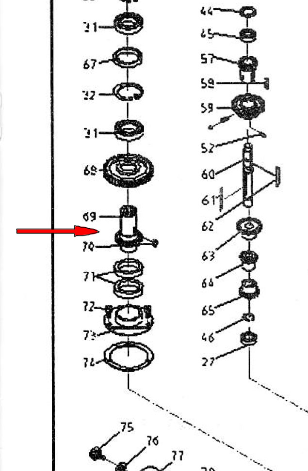 Mechanical component breakdown with labeled parts and arrows.