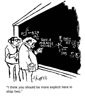 Two men in front of a chalkboard with mathematical equations and the phrase "Then a miracle occurs..."