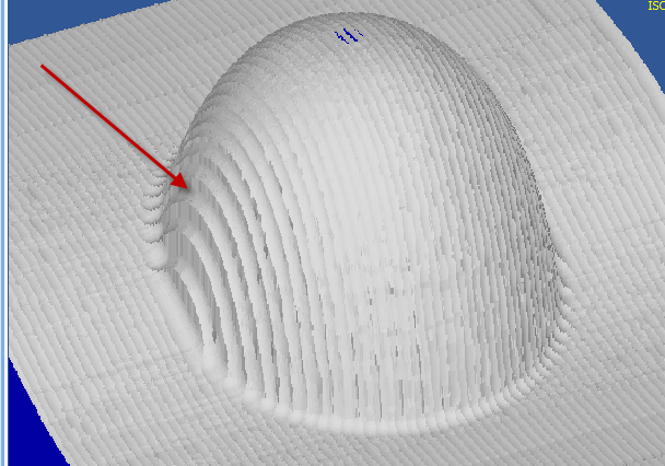 A 3D rendering of a white domed surface with red arrow pointing left, featuring parallel lines simulating a machined part texture.