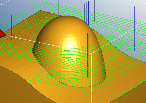 Egg-shaped 3D CAD model with green machining lines on light blue background
