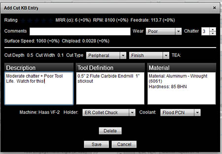 Cutting tool input form with fields for rating, material and machining settings.