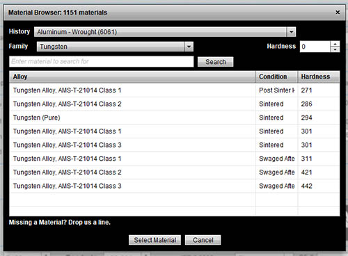 Material database search results on CNCCookbook.com.