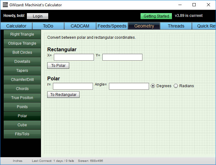 Polar and rectangular coordinate conversion calculator with user interface.