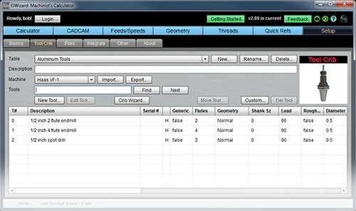 Screenshot of CNCCookbook.com's Tool Crib calculator interface with fields and dropdown menus for creating custom tools.
