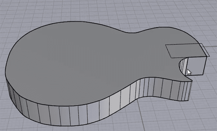 A 3D CAD model of a guitar body with cutaway, viewed from above, on a gray background with grid pattern.