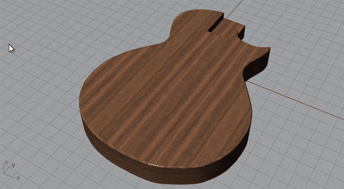 Brown wooden guitar body 3D model on gray grid background.