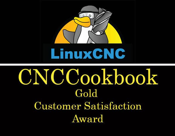 Cartoon penguin wearing safety goggles, CNCCookbook branding and gold customer satisfaction award logo.