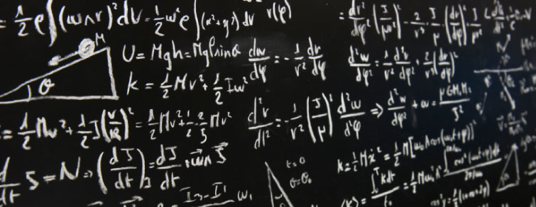 Complex mathematical equations on a blackboard related to machining and metrology.