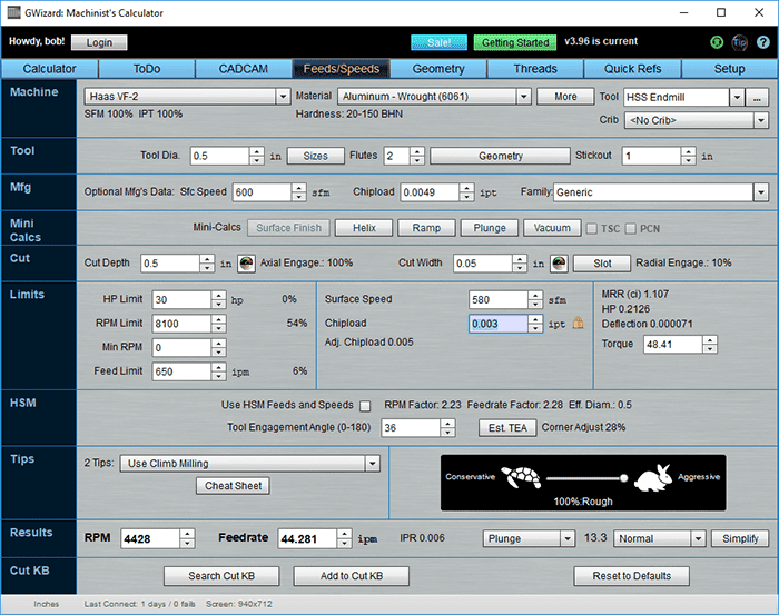 Machining calculator interface with Calculator, Machine, Tool, Getting Started, Quick Refs, Cut Depth, HP Limit, and RPM tabs.