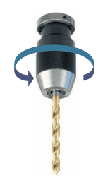 Metal drill bit with twisted gold tip on a white background.