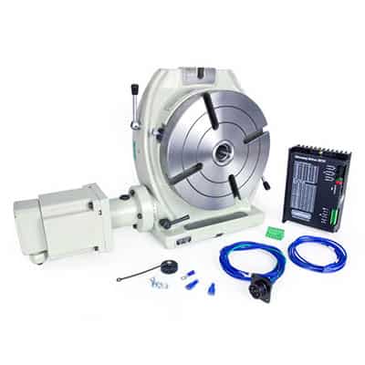 A 4th axis rotary table for milling machines with a silver metal base and rotating disc.
