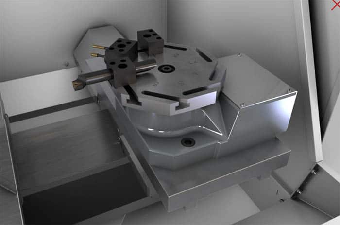 Grey Haas CL single-spindle turret milling machine with metal body, vise, and drill chuck.