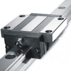 Linear slide rail with four holes on each end, used in machining or CNC applications.
