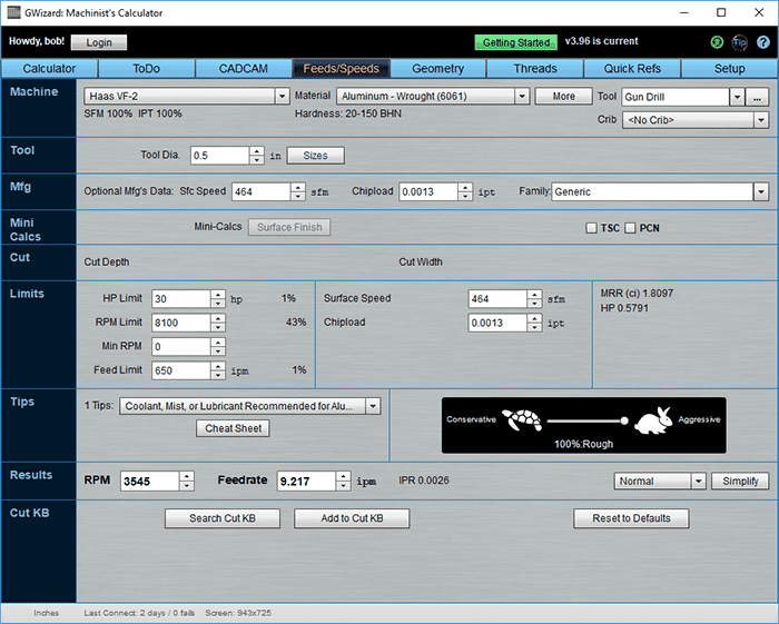 Machining software interface with calculator, machine settings, material properties, cutting tool data, graphical displays, real-time feedback, and alerts.