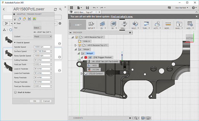 Computer-aided design CAD software screenshot with gun frame design.