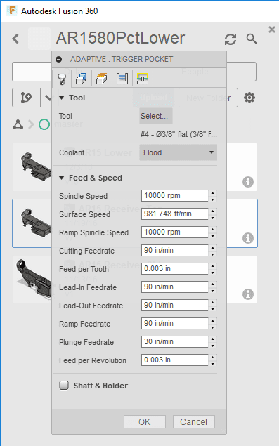 Autodesk Fusion 360 software interface with tool settings, feed & speed, and cutting parameters.
