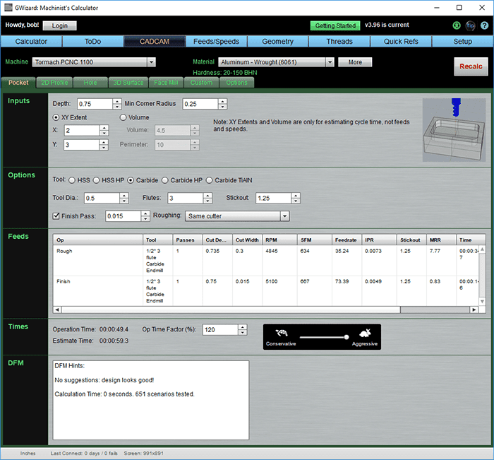 Machining computer program with various windows and menus featuring a 3D model.